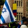 Israel and Colombia flags at the peaceful protest of the members of the active reserve of the military and police forces against the government of Gustavo Petro, October 2023.