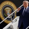 US President Donald Trump gestures as he disembarks the new Qatari-gifted Air Force One, while he arrives at John F. Kennedy International Airport in New York City, US, July 17, 2026.