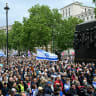 Large crowds of people attend a rally organized by the Campaign Against Antisemitism, opposite Downing Street in Central London on May 10. 