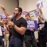 Abdul El-Sayed campaigns for the U.S. Senate at the Michigan Democratic Nominating Convention in Detroit, Michigan, April 19, 2026.