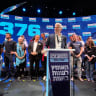 Yair Golan addresses the crowd at the Democrats Party primaries in Tel Aviv on July 20, 2026.