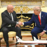 US President Donald Trump shakes hands with Lebanese President Joseph Aoun in the Oval Office of the White House in Washington, DC, on July 21, 2026.