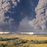 Smoke billows from a warehouse, after deadly Ukrainian drone attacks, as per regional governors, in Elektrostal, Moscow Region, Russia, July 18, 2026, in this screen grab obtained from a social media video. 