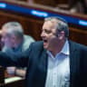 MK Gilad Kariv reacts during a plenum session and a vote on a bill to split the duties and powers currently held by the attorney general between two separate officeholders, at the assembly hall of the Knesset, the Israeli parliament in Jerusalem, July 15, 2026.