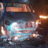 The pickup truck used in a shooting and pipe bomb attack that killed five security personnel and wounded six civilians in southern Thailand on July 23, 2026.