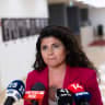 Formed deputy foreign minister Sharren Haskel speaks to the media as she announces her resignation as Deputy Foreign Minister at the Knesset in Jerusalem, July 14, 2026. 