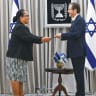 PRESIDENT ISAAC HERZOG receives the credentials of Nauru Ambassador Lara Erab Daniel in 2025. 