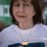 Zehava Shaul, mother of Oron Shaul, with supporters and family members of missing Israeli soldiers Oron Shaul and Hadar Goldin hold a protest outside the residence of Prime Minister Benjamin Netanyahu, on August 9, 2019. 