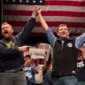 Graham Platner and Troy Jackson (R), who is running to replace Platner as the Democratic nominee for the U.S. Senate, stand together during a “Fighting Oligarchy” tour stop at the Collins Center for the Arts on the University of Maine campus on May 24, 2026, in Orono, Maine.