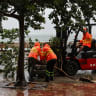 Workers clear fallen debris and obstacles from the road after Typhoon Noul, in Hong Kong, China, July 26, 2026.