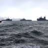 Navy ships of Iran and Azerbaijan move during an exercise between Iran and Azerbaijan in the Caspian Sea.