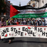 People carry a banner down Whitehall during a "National March for Palestine" calling on Britain's next Prime Minister Andy Burnham to stand up for Palestine, in London, Britain, July 18, 2026