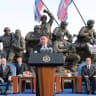 North Korean leader Kim Jong Un speaks during the opening ceremony of the Memorial Museum of Combat Feats at the Overseas Military Operations honouring North Korean troops killed while fighting for Russia in the war against Ukraine, in Pyongyang, North Korea, April 26, 2026.