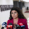 Sharren Haskel speaks to the media as she announces her resignation as deputy foreign minister, at the Knesset, on July 14, 2026.