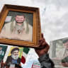 Houthi supporters hold up posters of Houthi leader, Abdul-Malik al-Houthi and the late leader of Lebanon's Hezbollah, Hassan Nasrallah, during a demonstration in Sanaa, Yemen, to show solidarity with Lebanon, after a 10-day ceasefire between Lebanon and Israel went into effect, April 17, 2026.