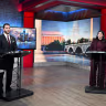 US Senate candidates Abdul El-Sayed, left, and US Rep. Haley Stevens participate in a televised debate moderated by Roop Raj from Fox 2 on July 27, 2026 at Fox 2 Studios in Southfield, Michigan.