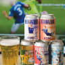 FIVE DIFFERENT CANS for BeerBazaar American Lager depict iconic soccer players from past Mondials.