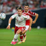 Liverpool's Hungarian defender #06 Milos Kerkez controls the ball during the friendly football match between Liverpool and Wrexham at Yankee Stadium in New York, on July 29, 2026.