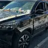 A vandalized police car. 