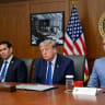 US President Donald Trump, Secretary of State Marco Rubio and Secretary of Defense Pete Hegseth participate in a cabinet meeting at Camp David in Thurmont, Maryland, US, July 31, 2026.