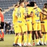 MACCABI TEL AVIV players celebrate after sealing a 6-0 aggregate victory over Sheriff Tiraspol to advance to the third round of UEFA Europa League qualifying.