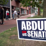A campaign sign for Democratic candidate for US Senate in Michigan Abdul El-Sayed is positioned outside as he makes a campaign stop at Glow Hall on Aug. 1, 2026 in Kalamazoo, Michigan.
