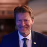 Reform UK Deputy Leader Richard Tice is seen as Reform UK leader Nigel Farage (not seen) speaks during a press conference, August 3, 2026.