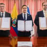 Foreign Minister Gideon Sa'ar (L) stands with Ecuador's Foreign Minister Roberto Kury and Interior Minister John Reimberg on August 5, 2025.    