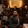 AN AI-generated political cartoon depicting New York City Mayor Zohran Mamdani at court with anti-Israel protesters in the background alongside the US Founding Fathers.