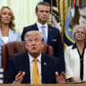  US President Donald Trump answers questions from the media after signing an executive order, in the Oval Office at the White House in Washington, DC, US, August 3, 2026