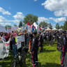 Anti-Israel protesters at the Edmonton Heritage Festival, August 3, 2026.