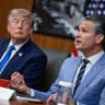 US President Donald Trump listens as Secretary of Defense Pete Hegseth speaks during a cabinet meeting at Camp David in Thurmont, Maryland, US, July 31, 2026.