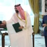 Turkish President Tayyip Erdogan shakes hands with Saudi Crown Prince Mohammed bin Salman as Pakistan's Prime Minister Shehbaz Sharif looks on after they signed a joint defense agreement in Mecca, Saudi Arabia, August 7, 2026.