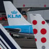 The tails of Air France, KLM and Brussels Airlines planes on the tarmac at Manchester Airport in Manchester, Britain, April 30, 2026. 