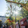 A noose with mock flowers displayed during a demonstration by Franco-Iranian associations, including the Committee to Support Human Rights in Iran (CSDHI) against the capital punishment in Iran, a day after the World Day Against the Death Penalty, in central Paris on October 11, 2025.