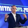 Former UN ambassador Gilad Erdan at a press conference in Tel Aviv announcing the establishment of a new right-wing party under his and MK Yuli Edelstein's leadership ahead of the upcoming general elections, August 6, 2026.