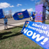 Alberta separatists rally outside the offices of Elections Alberta before turning in a petition to trigger a referendum on separating from the rest of Canada in Edmonton, Alberta, Canada May 4, 2026.
