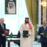 Turkish President Tayyip Erdogan, Saudi Crown Prince Mohammed bin Salman and Pakistan's Prime Minister Shehbaz Sharif pose after signing a joint defense agreement in Mecca, Saudi Arabia, August 7, 2026.