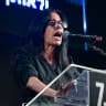 Einav Zangauker speaks during a rally in Tel Aviv marking the 1,000th day since the October 7 massacre, July 2, 2026. 