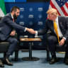 US President Donald Trump shakes hands with Syrian President Ahmed al-Sharaa during a bilateral meeting alongside the NATO leaders summit at the Bestepe Presidential Compound in Ankara, Turkey, July 8, 2026. 