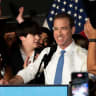 Luke Bronin takes to the stage at his campaign watch party in Hartford, Connecticut after John Larson conceded in the race, resulting in Bronin’s win over the district on August 11, 2026.