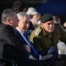 (L-R) Defense Minister Israel Katz, Prime Minister Benjamin Netanyahu, and IDF chief Eyal Zmair attend an IDF officers’ course graduation ceremony in southern Israel, June 25, 2026