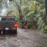 A resident stops on a rural road as it floods in Volcano Village on Hawaii Island, on August 15, 2026. 