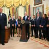 US President Donald Trump listens to Treasury Secretary Scott Bessent speak ahead of the launch of Trump investment accounts in the Oval Office of the White House in Washington, DC, on July 6, 2026. 
