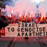 Protesters take part in a pro-Palestinian demonstration marching towards Ullevaal Stadium ahead of the World Cup qualifier between Norway and Israel, in Oslo, Norway, October 11, 2025.  
