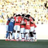 HAPOEL TEL AVIV players celebrate after advancing to the UEFA Conference League playoff round, where it will face Italian powerhouse Atalanta.