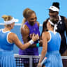 Serena Williams and Venus Williams of the United States meet with Peyton Stearns of the United States and Marta Kostyuk of Ukraine, after their doubles match during the Cincinnati Open at Lindner Family Tennis Center, August 17, 2026.