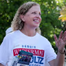 Florida Democratic Rep. Debbie Wasserman Schultz campaigns outside of the Kings Point Clubhouse polling station on August 18, 2026, in Tamarac, Florida.