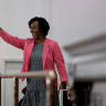 HALLANDALE, FLORIDA - AUGUST 17: Democratic U.S. Senate candidate, Florida state Rep. Angie Nixon waves as she is introduced to the congregation at the Ebenezer Missionary Baptist Church on August 17, 2026 in Hallandale Beach, Florida.