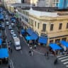 This aerial view shows the 25 de Marco popular shopping street in downtown Sao Paulo, Brazil on July 16, 2025